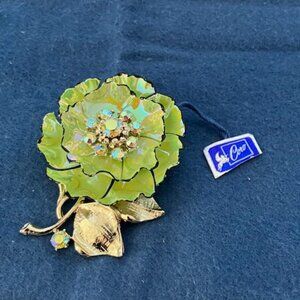 Coro Green Flower Iridescent Signed Brooche